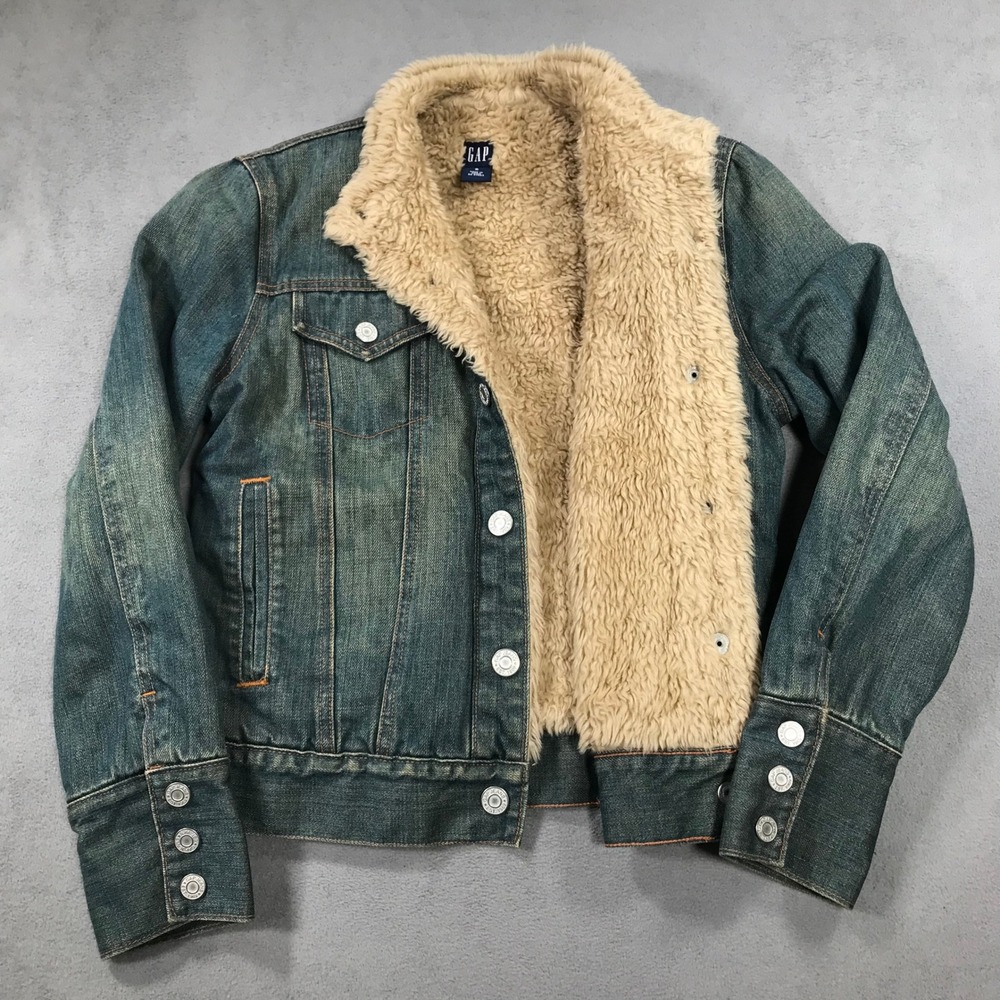 Vintage Y2K Gap Denim Jacket Women S Blue Faux Fur Lined Trucker Snap Button